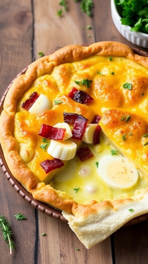 Air Fryer Bacon and Egg Pie Recipe A delicious bacon and egg pie with a flaky crust, filled with eggs and bacon, garnished with herbs on a wooden table.